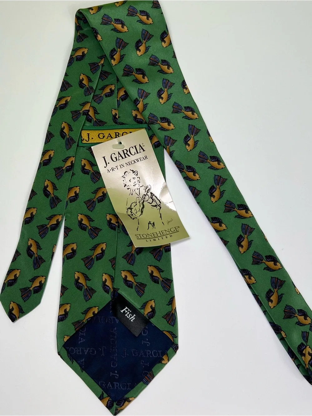 J. Garcia Vintage Mens 100% Silk Tie Made In USA Stonehenge Green Fish Necktie